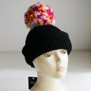 Norla Canada Alpaca Wool  Cotton Soft Black Winter Hat w large Colourful Pom Pom